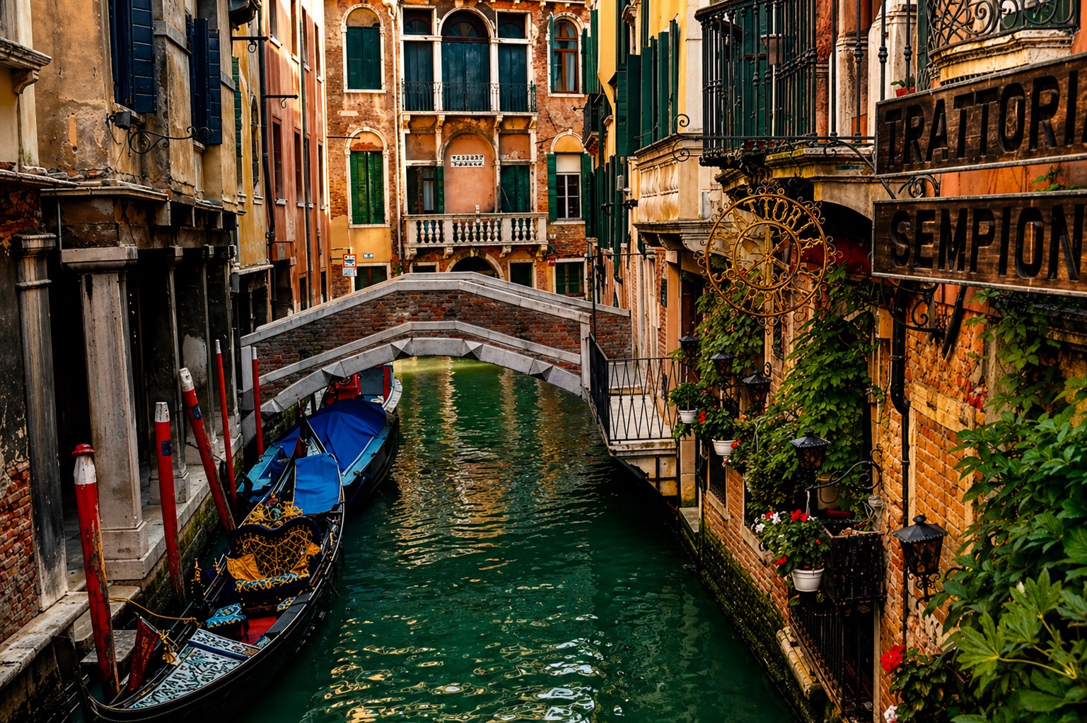 Venice canal with gondola and bridge